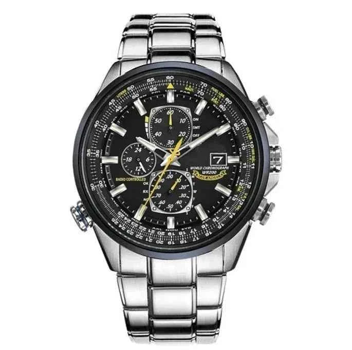 Watch : MultiSteel herenchronograafhorloge, leren band, elegant en nauwkeurig in Staalzwarte riem met 4 knopen van Pantino