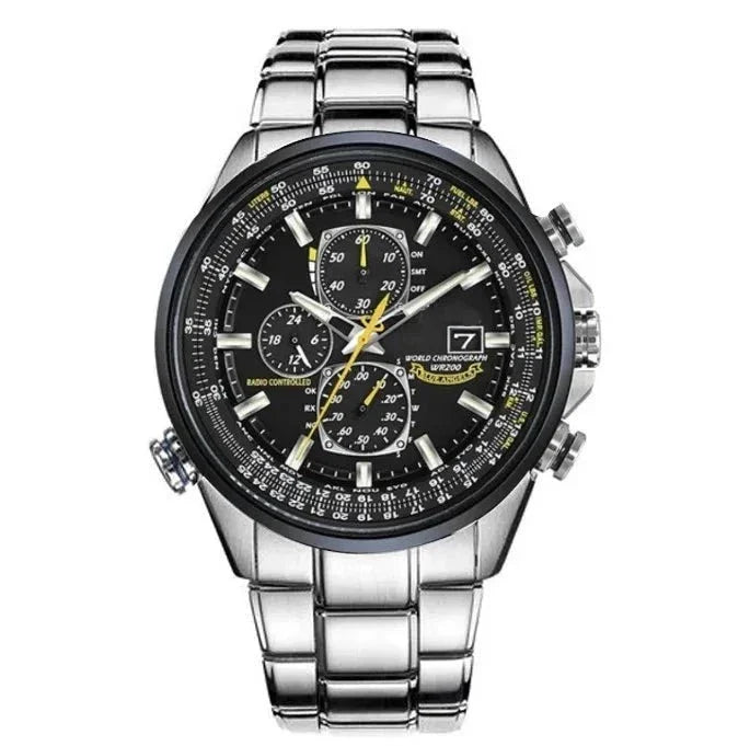 watches : Heren Chronograaf Horloge MultiSteel - 42mm Roestvrij Staal - Koffiebruin/Zwart Leer in 4-Knops Zwarte Stalen van Pantino
