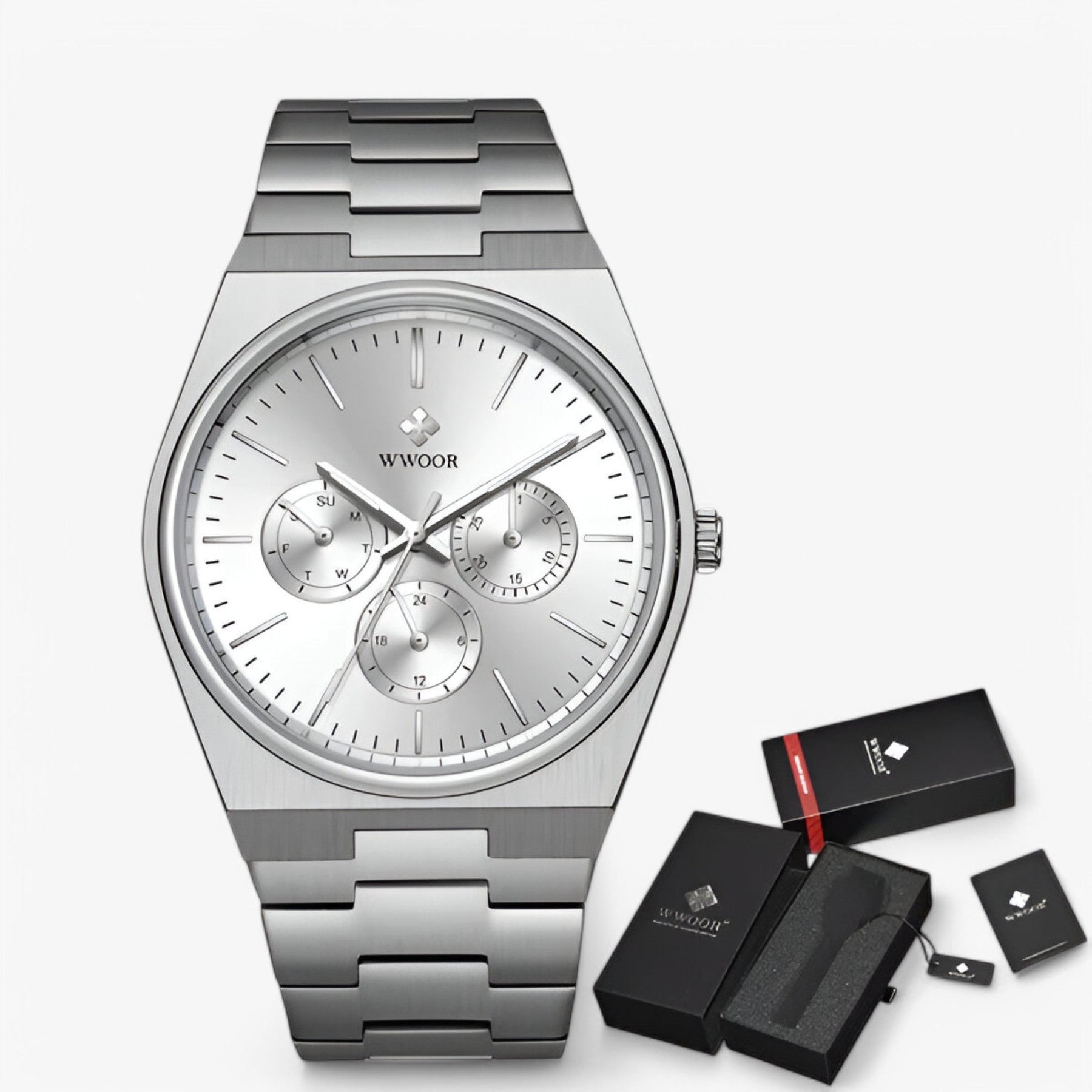 watches : Stalen Horloge met Saffierglas - Wit Zilver met Doos in wit zilver met doos van Pantino