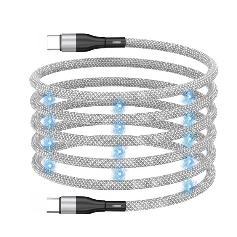 gadgets : Magnetische USB-C Kabel - Kabelrommel Vrij Flexibel - Nylon in Zilverkleurige kabel met USB-C en USB-C 1m van Pantino