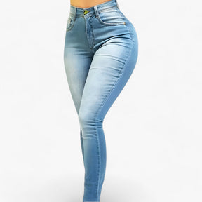 Jeans : Jeans met Hoge Taille - Stijl en Comfort Cultiveren - Donkerblauw in Lichtblauw van Pantino