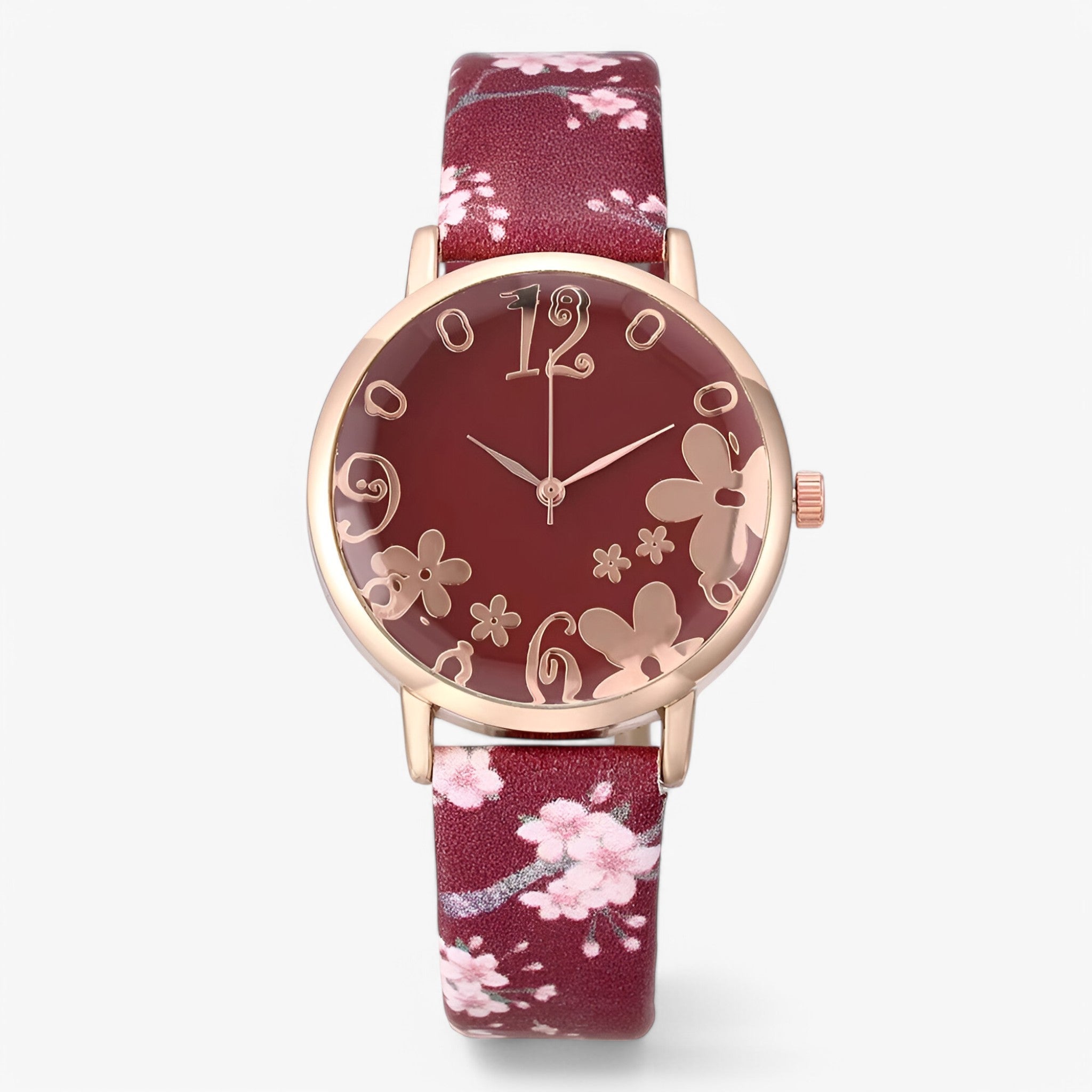 Watch Set : Dameshorloge van Leer met Bloemennwijzer en Bijpassende Armband - Roze in Rood van Pantino
