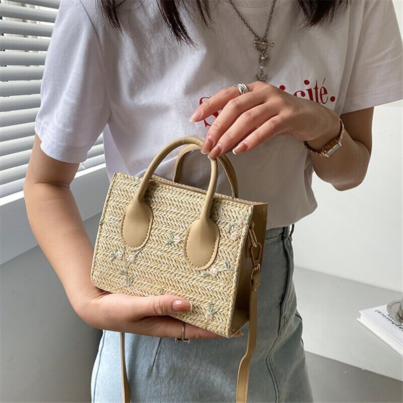 bags : Gevlochten Handtas Dames Beige - Bloem Accenten Bohemian - Stro in van Pantino