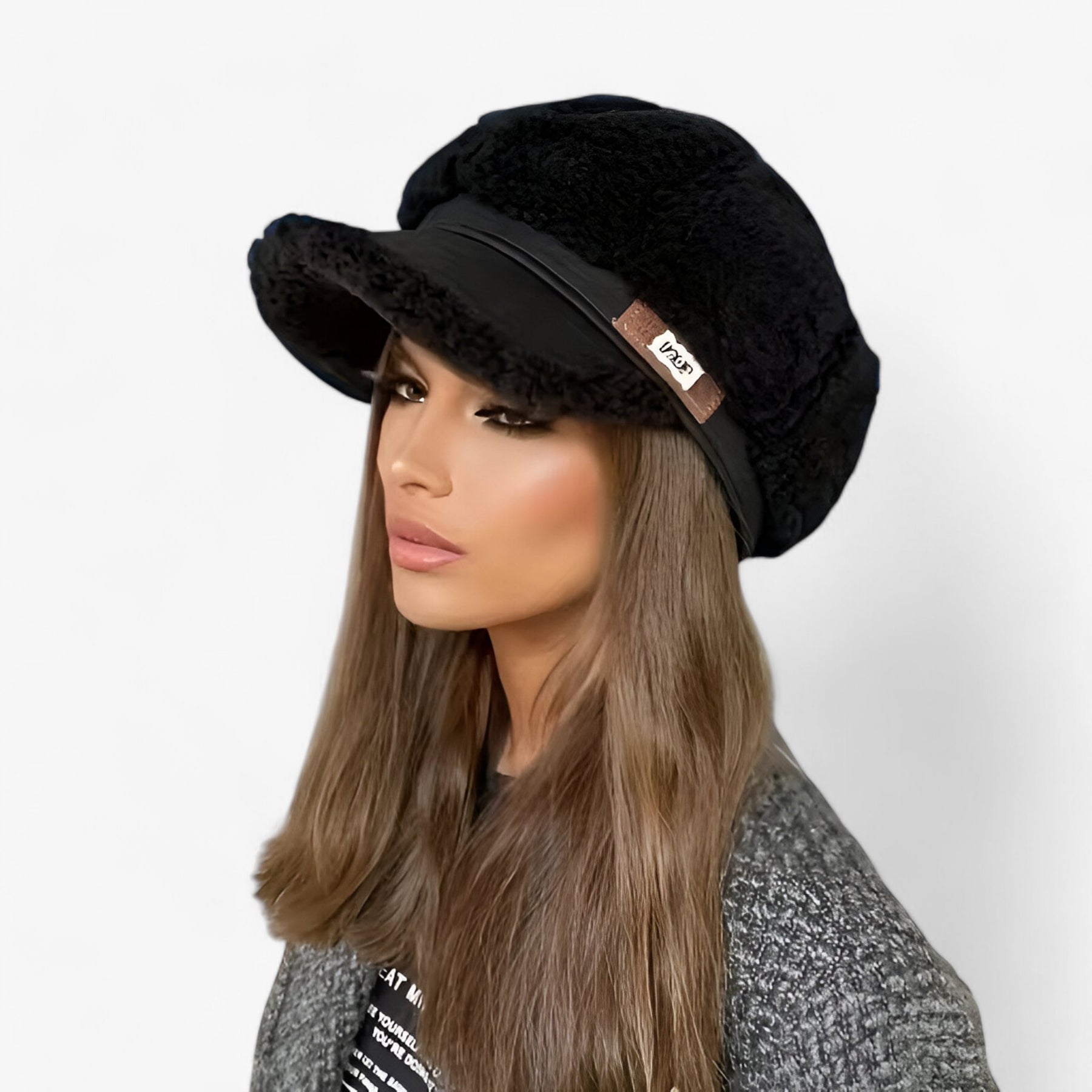 Hat : Hoed Zwart - Lamsvacht Octagonale - Elegante Retro Charme met Moderne Touch in Zwart van Pantino