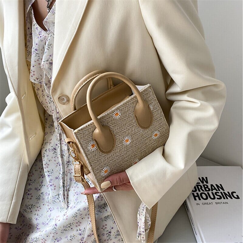 bags : Gevlochten Handtas Dames Beige - Bloem Accenten Bohemian - Stro in van Pantino
