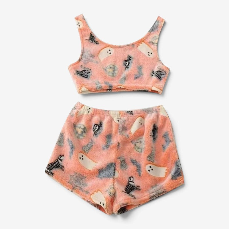 Gifts – Seasonal – Halloween : Halloween Pyjama Dames Set - Spookpatroon Glow-in-the-Dark in Oranje van Pantinoshop