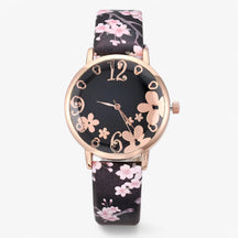 Watch Set : Dameshorloge van Leer met Bloemennwijzer en Bijpassende Armband - Roze in Zwart van Pantino