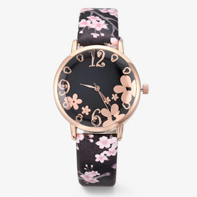 Watch Set : Dameshorloge van Leer met Bloemennwijzer en Bijpassende Armband - Roze in Zwart van Pantino