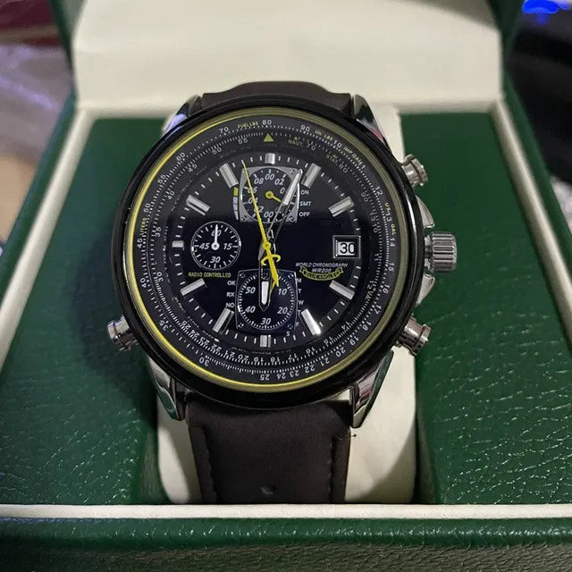 watches : Heren Chronograaf Horloge MultiSteel - 42mm Roestvrij Staal - Koffiebruin/Zwart Leer in 4-Knops Koffiekleurige Riem van Pantino