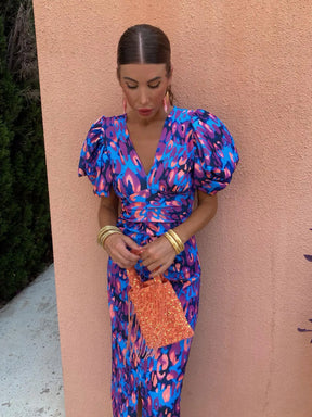 dresses : Robe Midi Fleurie Emery Fluide Femme - Élégante, Légère pour l'Été, Manches Bouffantes in Pourpre van Pantino