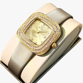 watches : Elegante Vierkant Leren Horloge - Wit in Geel van Pantino