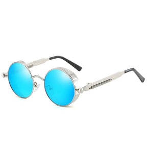 Sunglasses : Steampunk Zonnebril Rond Goud Zwart voor Unisex - UV400 Bescherming, Retro Vintage Stijl in Zilver Blauw van Pantino