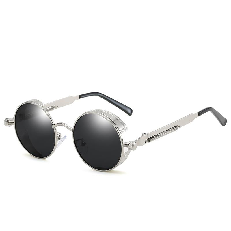 Sunglasses : Steampunk Zonnebril Rond Goud Zwart voor Unisex - UV400 Bescherming, Retro Vintage Stijl in Zilver Zwart van Pantino