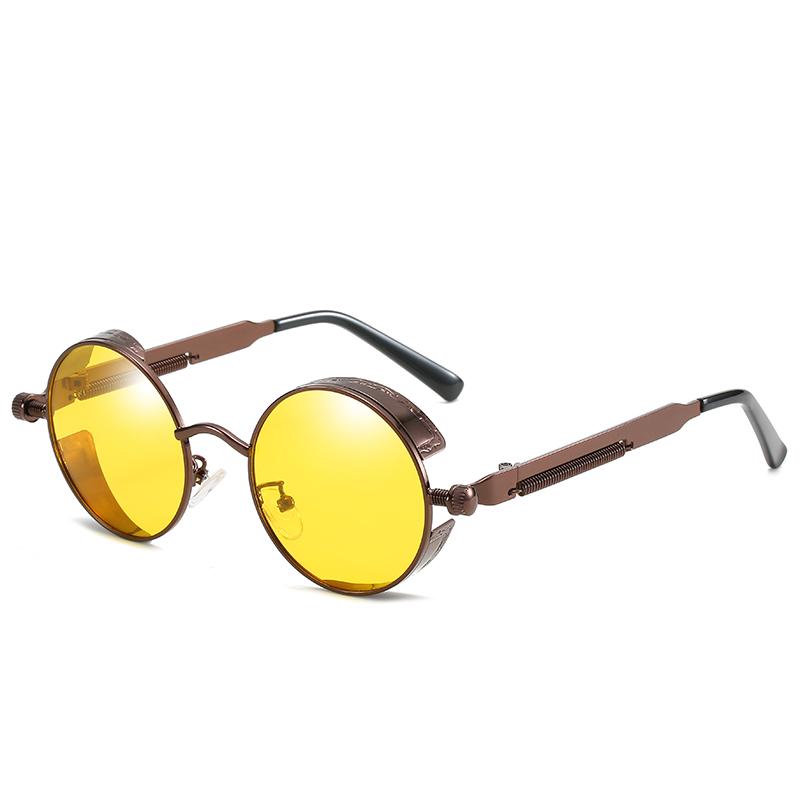 Sunglasses : Steampunk Zonnebril Rond Goud Zwart voor Unisex - UV400 Bescherming, Retro Vintage Stijl in Bruin Geel van Pantino