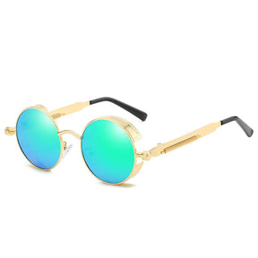 Sunglasses : Steampunk Zonnebril Rond Goud Zwart voor Unisex - UV400 Bescherming, Retro Vintage Stijl in Goud Groen van Pantino