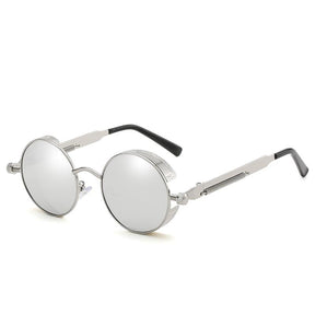 Sunglasses : Steampunk Zonnebril Rond Goud Zwart voor Unisex - UV400 Bescherming, Retro Vintage Stijl in Zilver Spiegel van Pantino