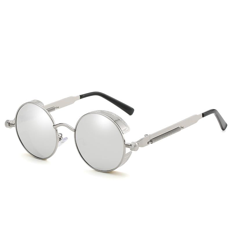 Sunglasses : Steampunk Zonnebril Rond Goud Zwart voor Unisex - UV400 Bescherming, Retro Vintage Stijl in Zilver Spiegel van Pantino
