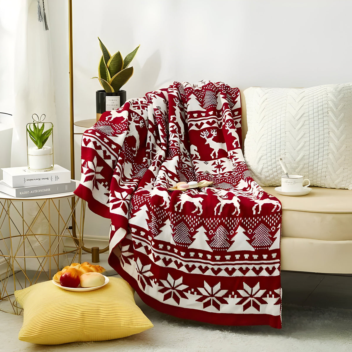 home & garden : Nordy Gebreide Deken met Scandinavische Kerststreep - Knusse Plaid voor Thuis en op Kantoor - Rood in Rood 120x150cm van Pantino