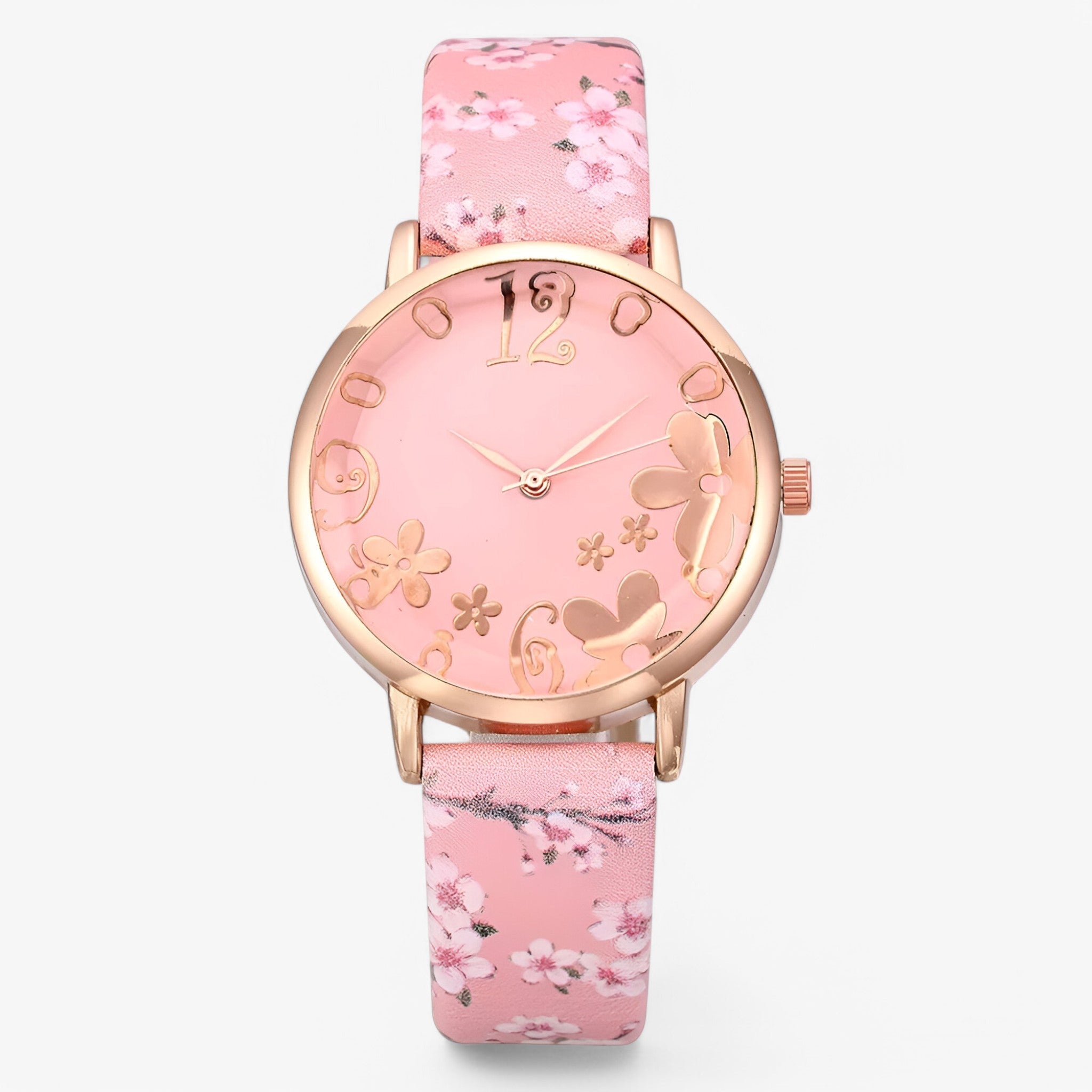 Watch Set : Dameshorloge van Leer met Bloemennwijzer en Bijpassende Armband - Roze in Roze van Pantino