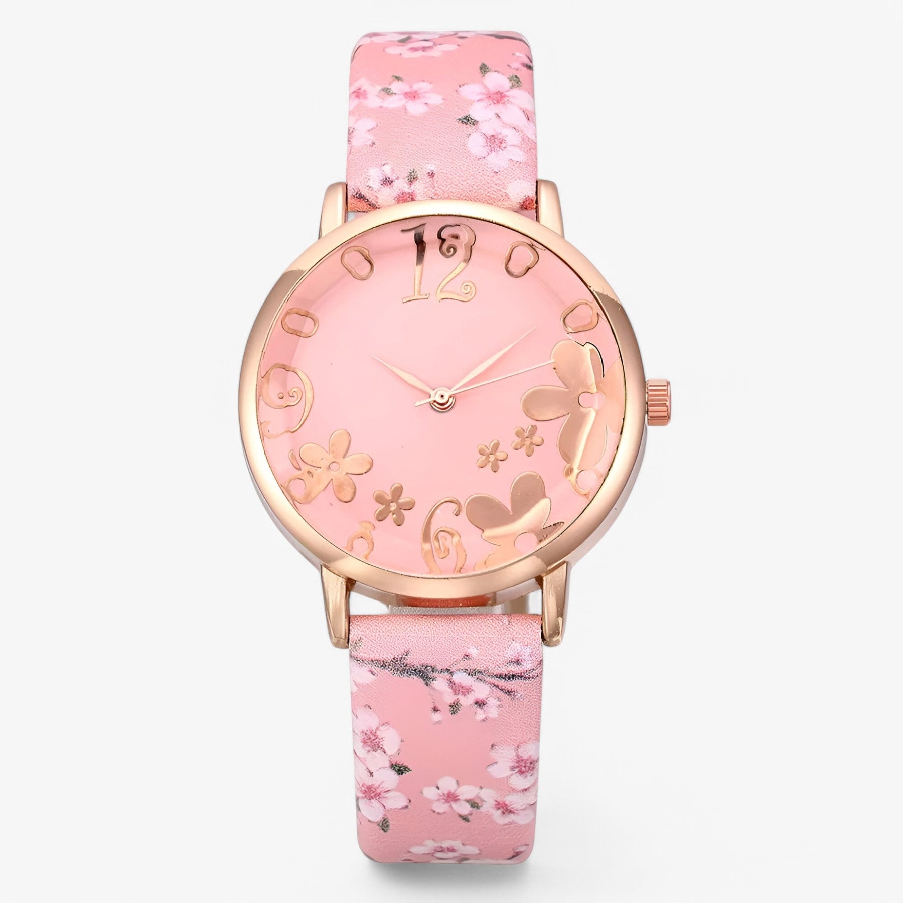 Watch Set : Dameshorloge van Leer met Bloemennwijzer en Bijpassende Armband - Roze in Roze van Pantino