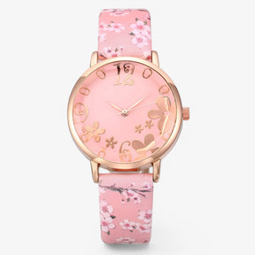Watch Set : Dameshorloge van Leer met Bloemennwijzer en Bijpassende Armband - Roze in Roze van Pantino