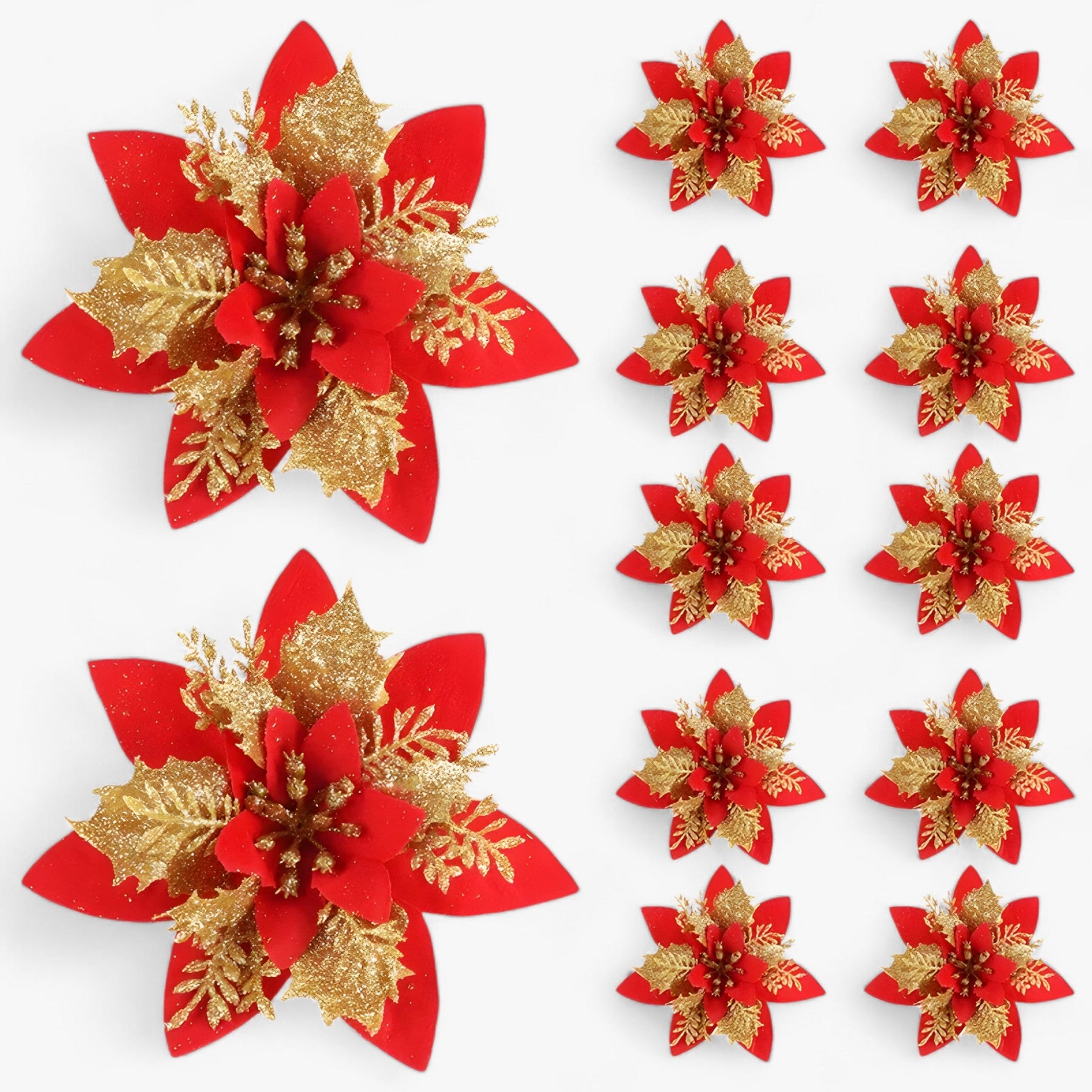 home & garden : 5/10 Stuks Glitterende Kerstbloemen - Sprankelende Boomversieringen - Rood in Rood Goud van Pantino