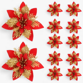 home & garden : 5/10 Stuks Glitterende Kerstbloemen - Sprankelende Boomversieringen - Rood in Rood Goud van Pantino
