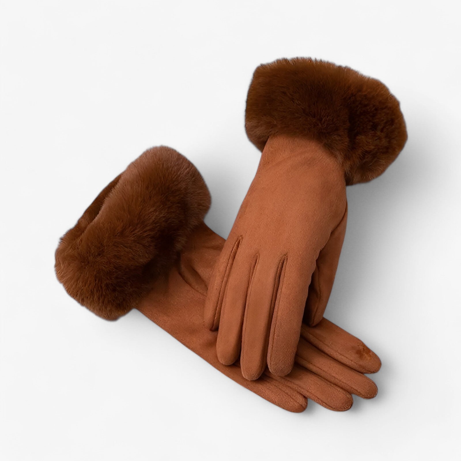 Gloves : Handschoenen Roze - Warme Suède Touchscreen met Imitatiebont in Bruin Eén maat van Pantino