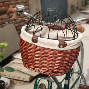 pets : Honden Fietsmand Voorop Cognac - Riet Look Waterdicht - Rotan in Bruin van Pantino