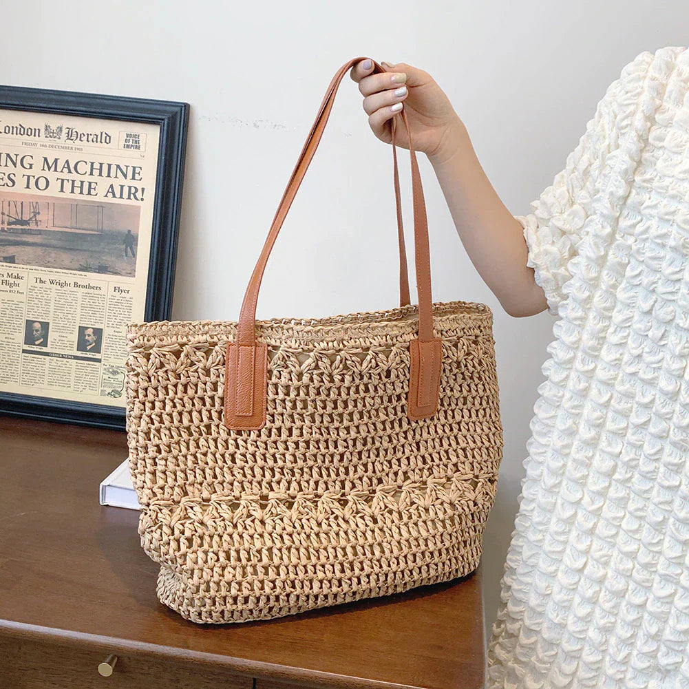 bags : Stro Tas Dames Beige - Chique Leren Riemen Zomer - Stro in van Pantino