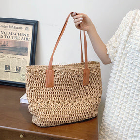 bags : Stro Tas Dames Beige - Chique Leren Riemen Zomer - Stro in van Pantino