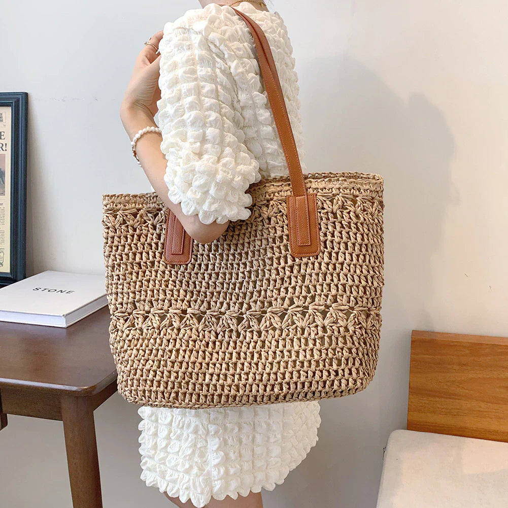 bags : Stro Tas Dames Beige - Chique Leren Riemen Zomer - Stro in van Pantino