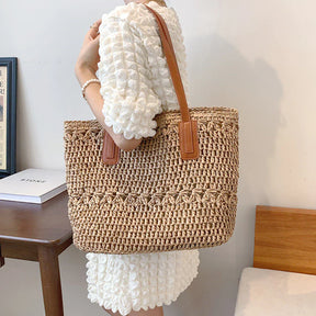 bags : Stro Tas Dames Beige - Chique Leren Riemen Zomer - Stro in van Pantino