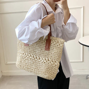 bags : Stro Tas Dames Beige - Chique Leren Riemen Zomer - Stro in Beige van Pantino