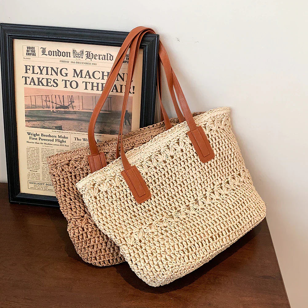 bags : Stro Tas Dames Beige - Chique Leren Riemen Zomer - Stro in van Pantino