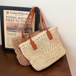 bags : Stro Tas Dames Beige - Chique Leren Riemen Zomer - Stro in van Pantino