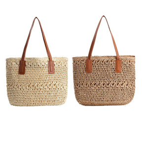 bags : Stro Tas Dames Beige - Chique Leren Riemen Zomer - Stro in van Pantino