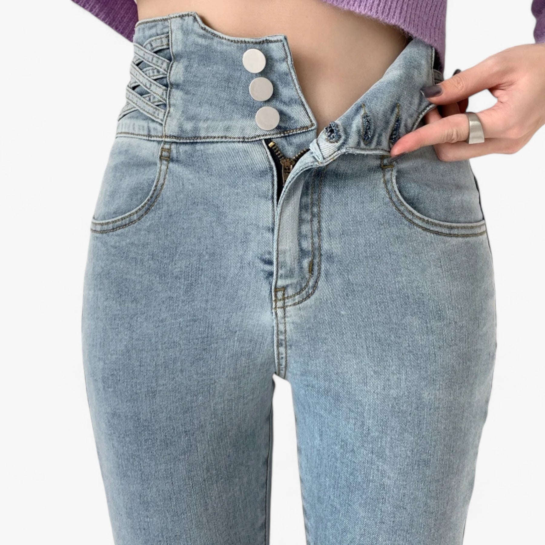 Jeans : Jeans Grijs 3 Knoppen - Skinny Koker - Slanke Stretch voor een Flatterende Pasvorm in Lichtblauw 3 Knoppen van Pantino