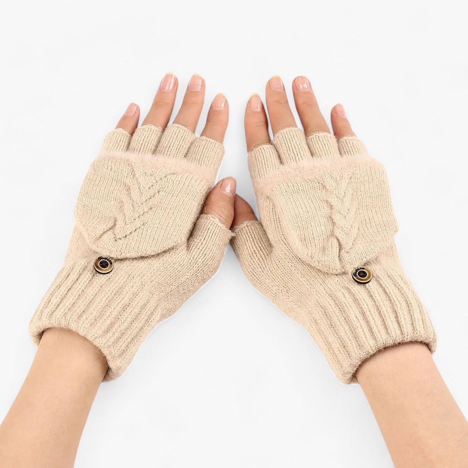 Gloves : Handschoenen Dames Donkerroze - Dikke Omgeslagen Gebreide voor - Voor Koud Weer in Beige Één maat van Pantino