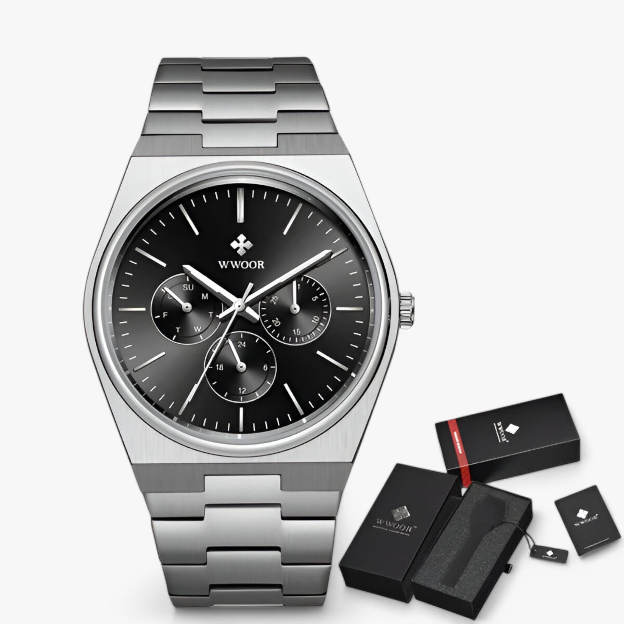 watches : Stalen Horloge met Saffierglas - Wit Zilver met Doos in zwart zilver met doos van Pantino