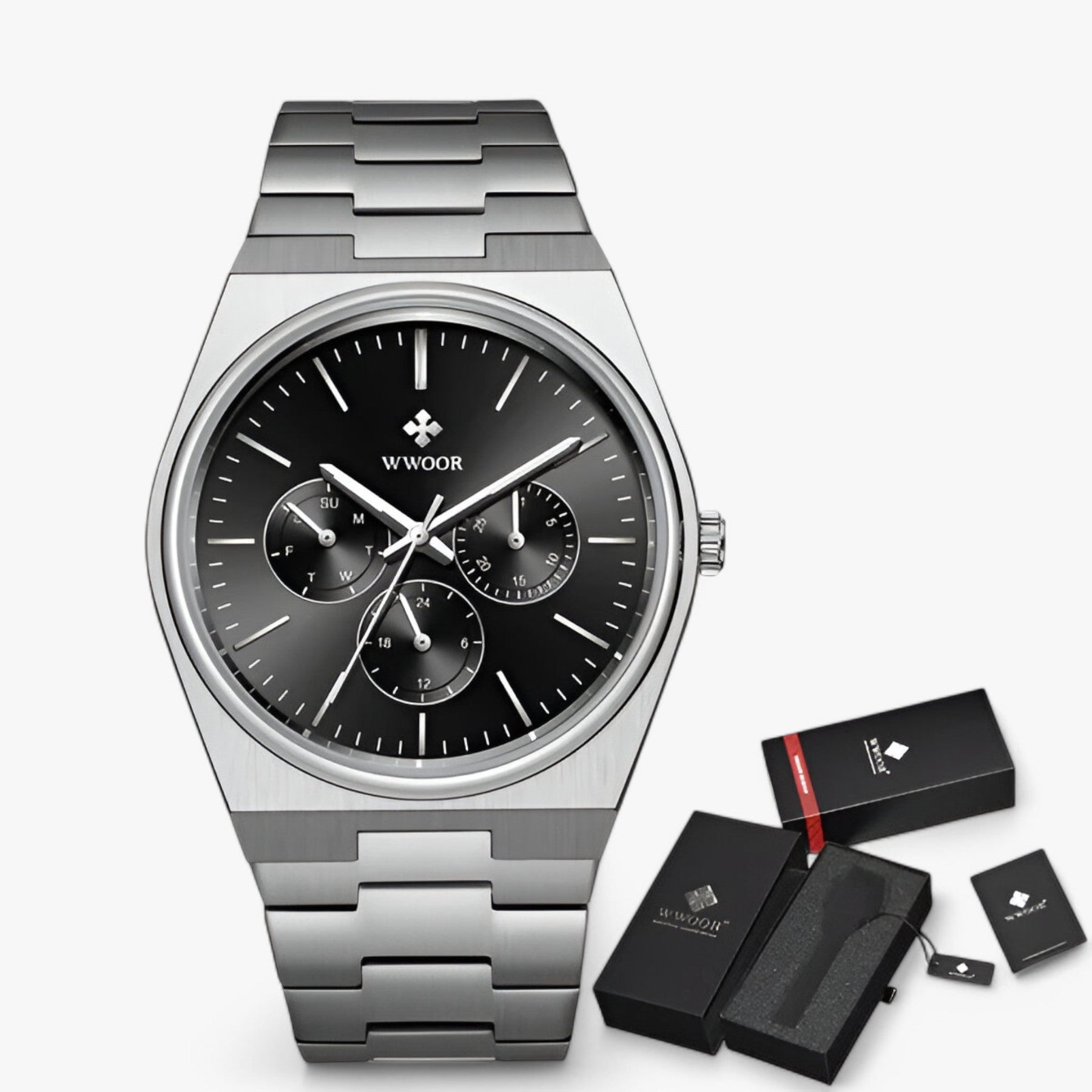 watches : Stalen Horloge met Saffierglas - Wit Zilver met Doos in zwart zilver met doos van Pantino