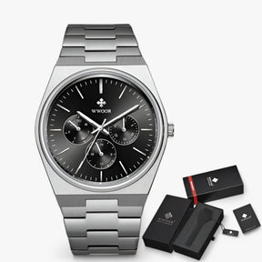 watches : Stalen Horloge met Saffierglas - Wit Zilver met Doos in zwart zilver met doos van Pantino