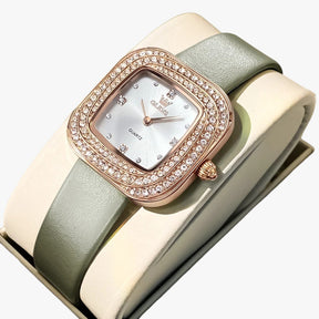 watches : Elegante Vierkant Leren Horloge - Wit in groen van Pantino