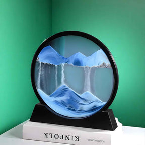 Art de sable : Decoratief 3D Bewegend Zand Schilderij van Glas – Ontspannend Landschap voor Kantoor/Thuis in Blauw van Pantino