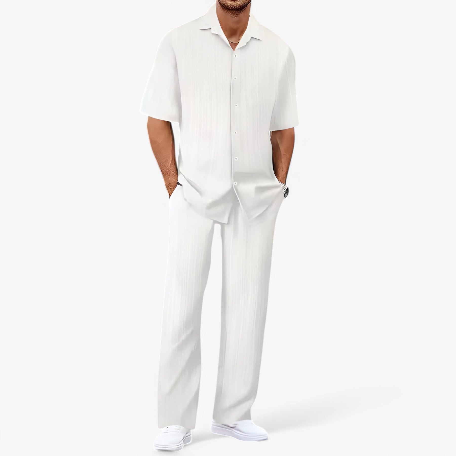 Outfit Sets : Heren Business Casual Set: Net Overhemd en Slim Fit Broek in Bianco Verpakking van 1 van Pantinoshop