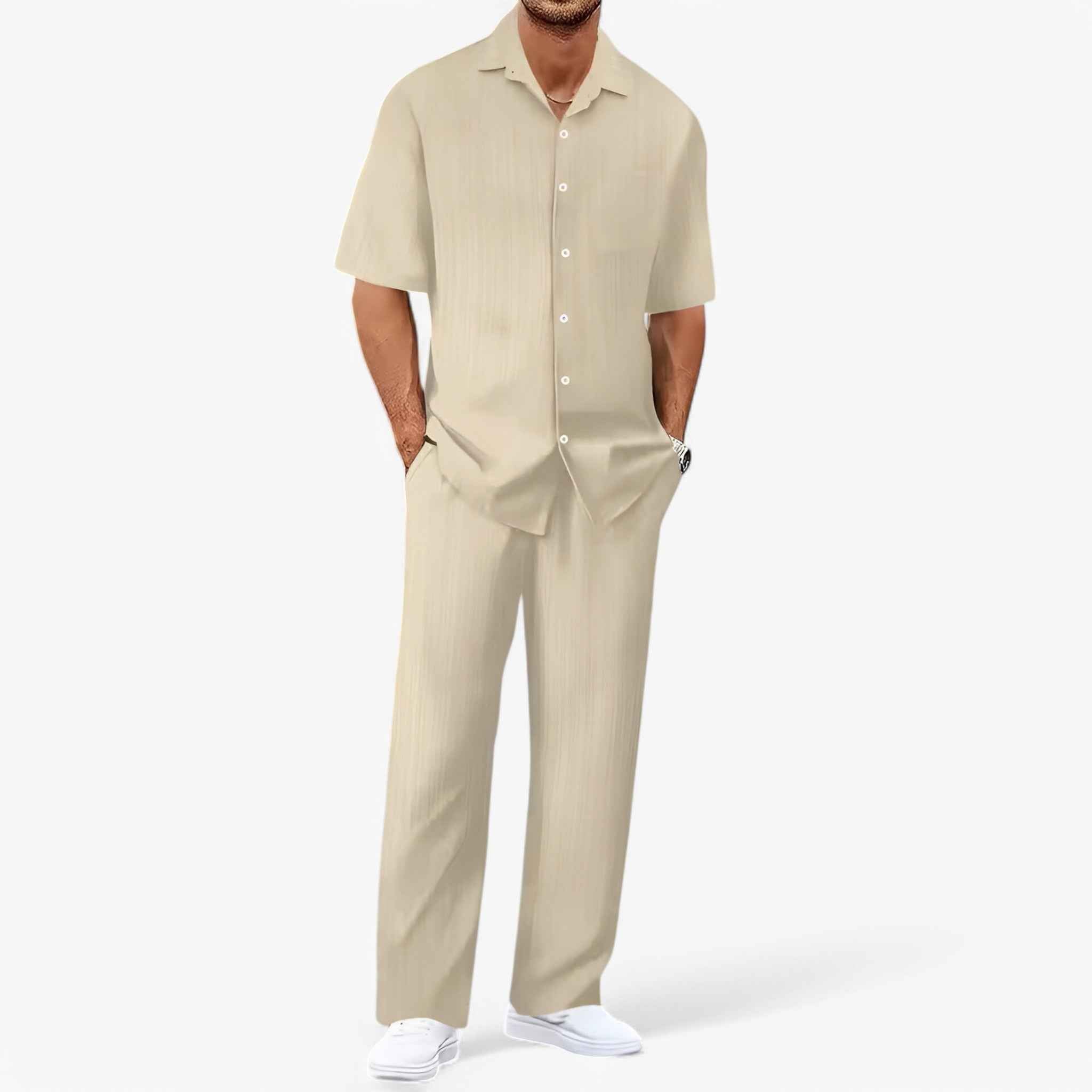 Outfit Sets : Heren Business Casual Set: Net Overhemd en Slim Fit Broek in Abrikoos Verpakking van 1 van Pantinoshop