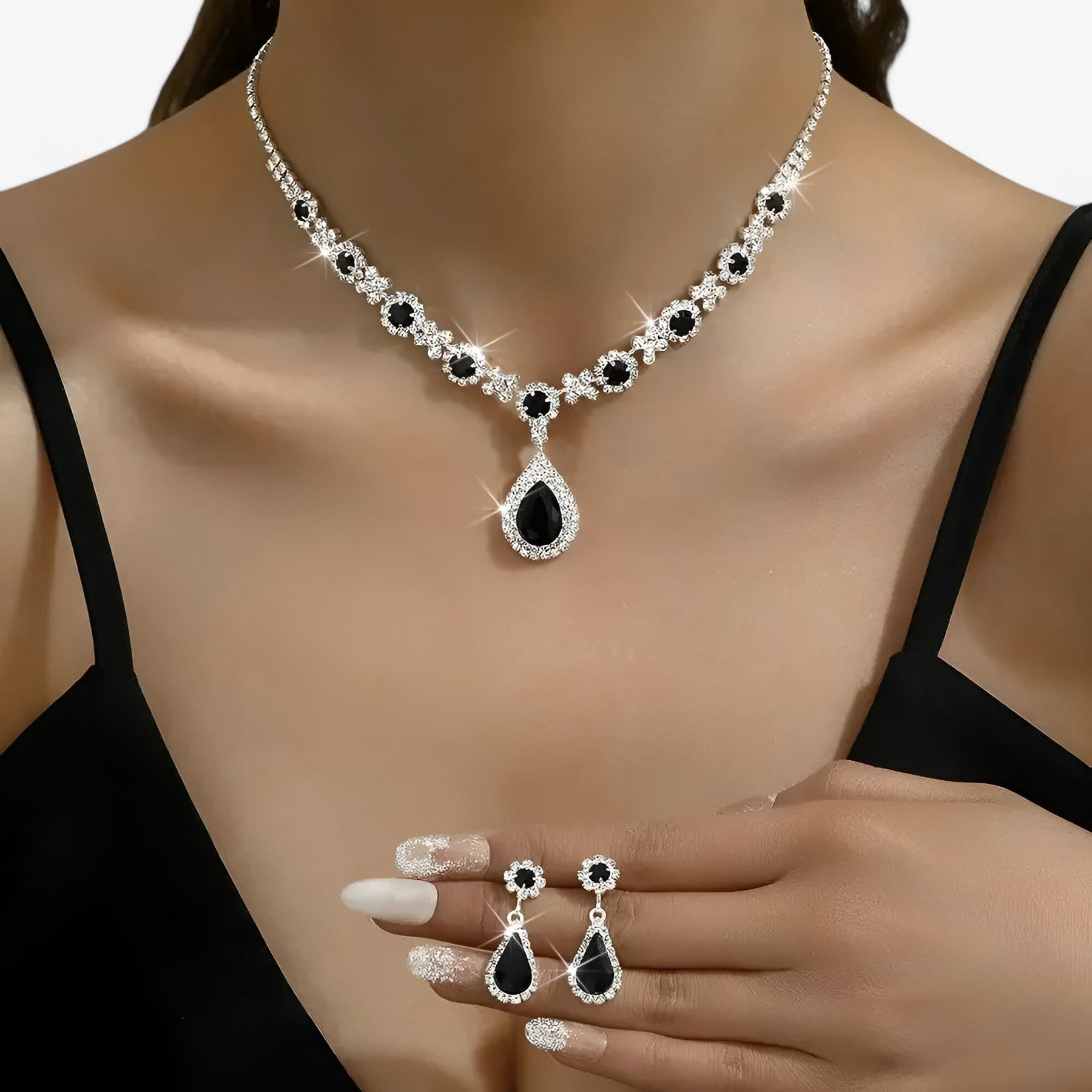 Jewelry Set : Oorbellen Dames Zilver - Trouwset 2 Delen - Druppelhanger en 2 in Zwart van Pantino