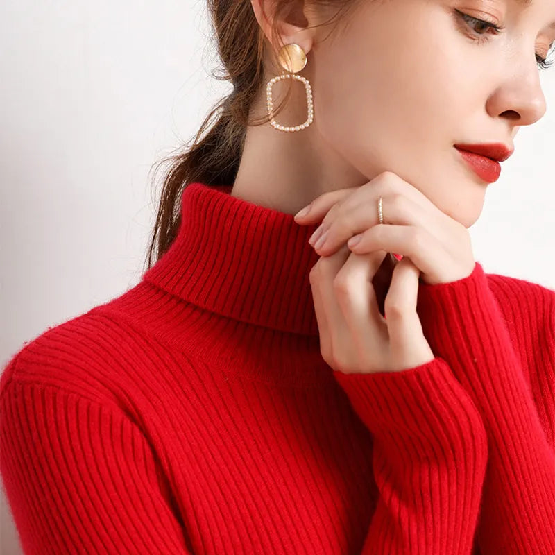 Sweater : Sweater Khaki - Helia Turtleneck with Cashmere in RED One Size (40-60kg) van Pantino