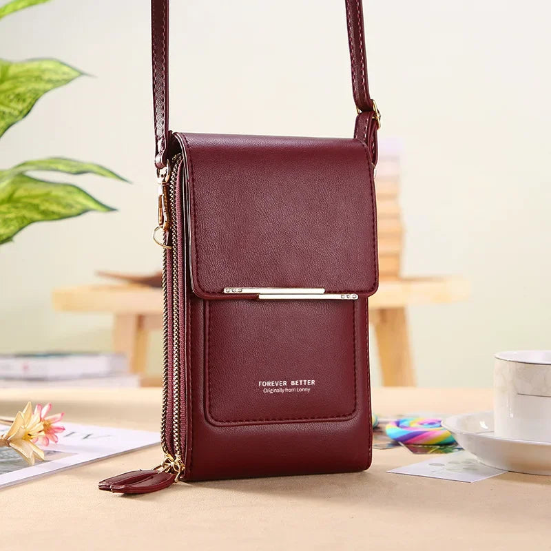 bags : Schoudertas met Touchscreen Venster Bruin - Tech Smart Tas - Nylon in Bordeaux Rood van Pantino