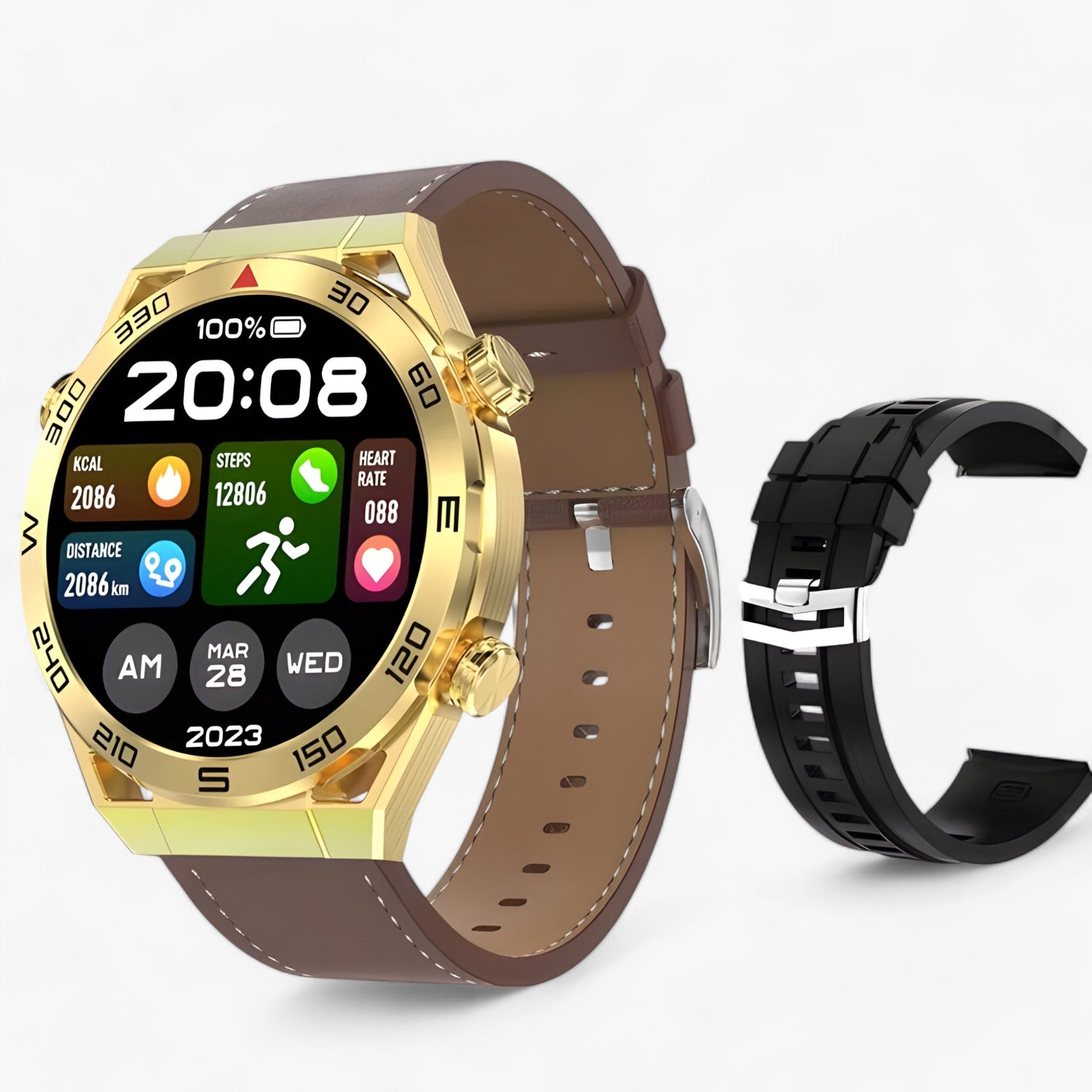 watches : Smartwatch Heren Zilveren Metaal - Dt Ultra Mate - GPS & Nfc voor met Bluetooth Oproepen & Ecg in Gouden leer van Pantino